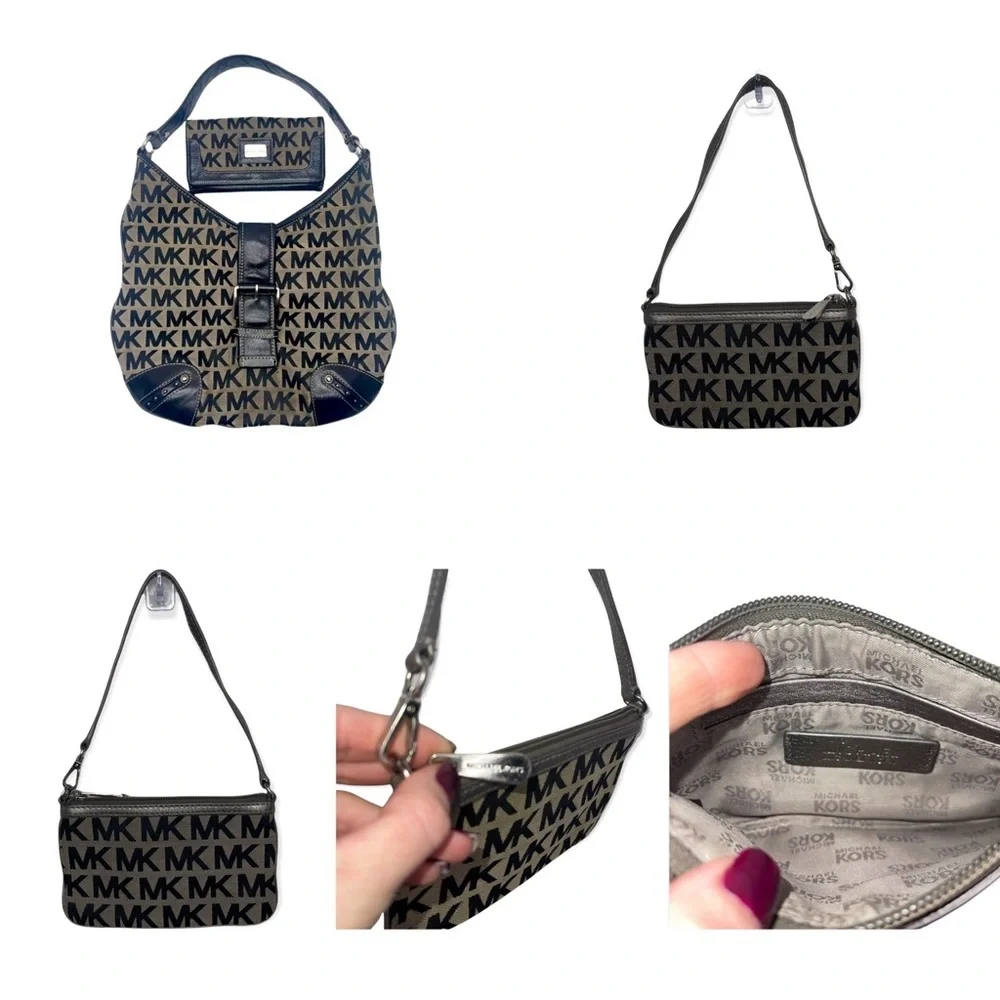 MICHAEL KORS Black & Tan Signature MK Hobo, Wallet & Wristlet Bundle